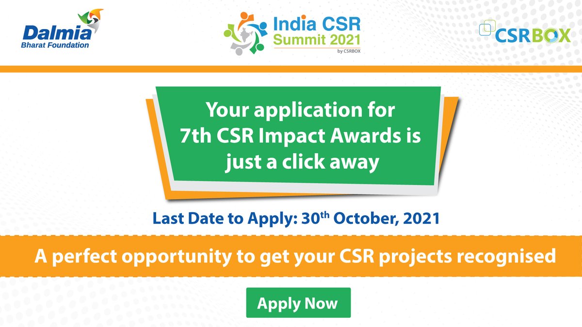 Do not miss out on the chance to get your initiatives and CSR projects recognized!!

Last few days left to apply for the 7th CSR Impact Awards. 

Submit your applications today.

To register, please visit: bit.ly/3jmZKdP 
#indiacsrsummit #csrimpactawards #sociallimpact