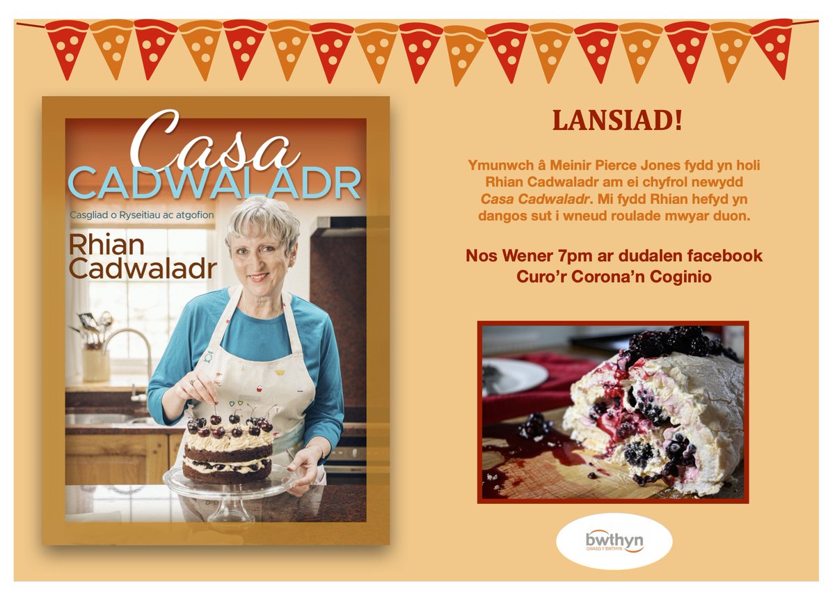 Dewch i fwynhau cwmni Rhian Cadwaladr a Meinir Pierce Jones heno, a mwynhau gweld sut i wneud roulade blasus! Iym,iym! #carudarllen