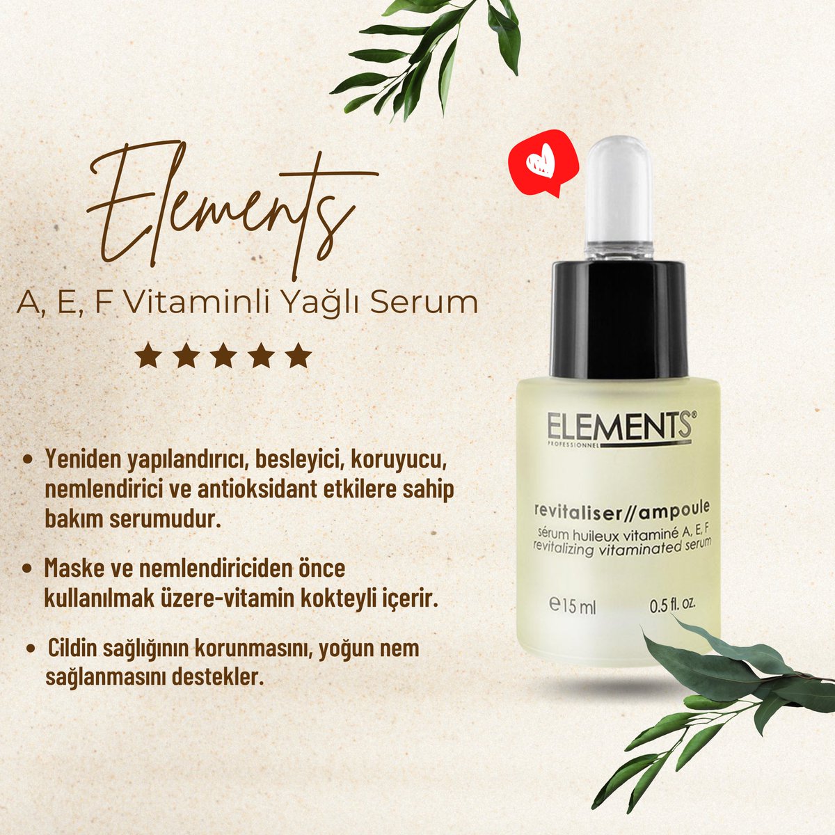 Vitamin takviyesi zamanı❤️Cildin için ihtiyacın olan A,E ve F vitaminleri Elements Serum’da! 
#kozmetikon