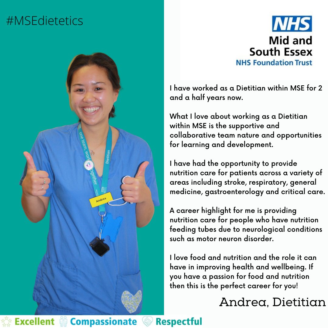Meet Andrea, she loves working in Dietetics at <a href="/MSEHospitals/">Mid and South Essex NHS Foundation Trust</a>. Why not join us at our Virtual Dietetics Open Morning on 27th Oct and find out more about this interesting career.  Book your slot by visiting - surveymonkey.co.uk/r/XGTCQLZ #MSEDietetics #opportunity #MyEssex