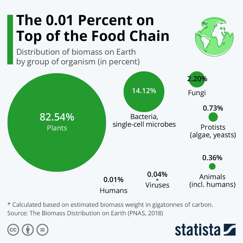 StatistaCharts's tweet photo. The weight of humanity only accounts for a miniscule 0.01% of all living biomass. For a species considered to be the most advanced, we sure make a lot of impact whilst being the smallest.
