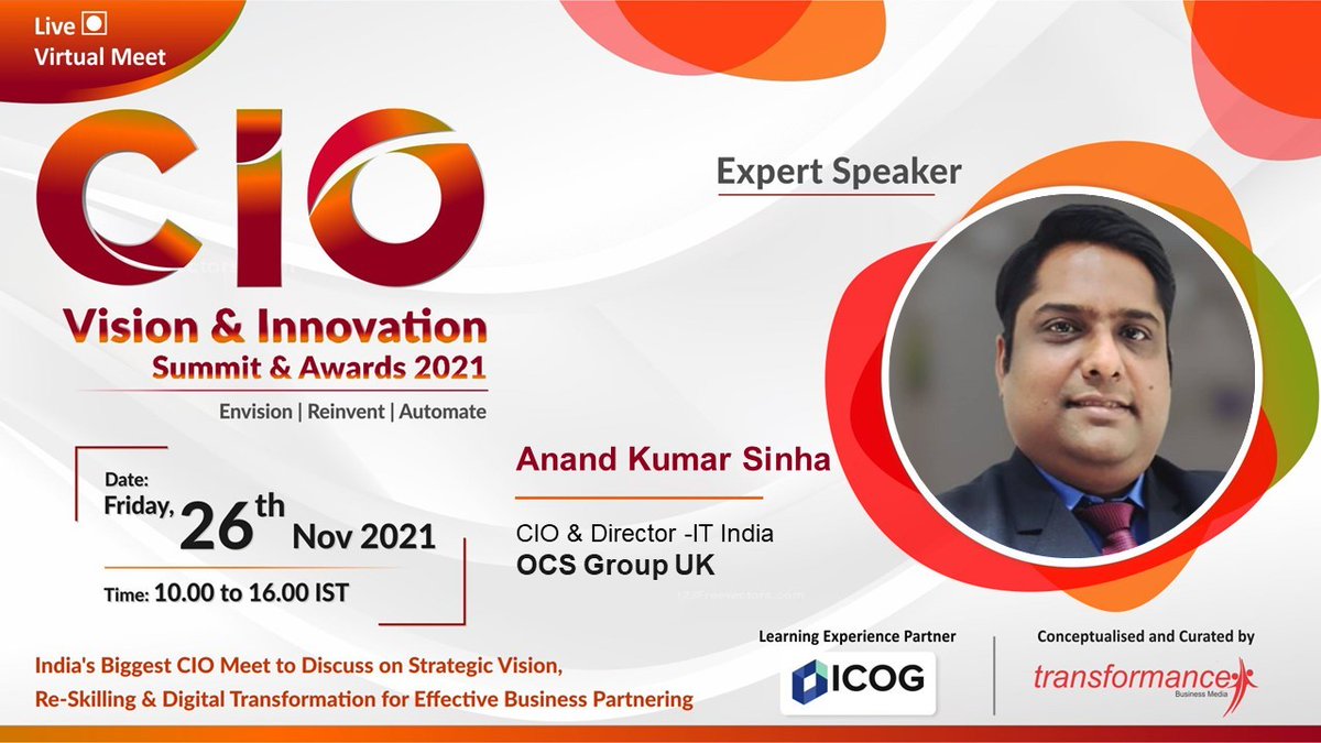 Transformance (@trfforums) on Twitter photo Re-think, Re-Shape & Envision the #cio #future with the expert speaker <a href="/anand__sinha/">Aananda Sinha</a> at the 'CIO Vision & Innovation Summit & Awards 2021'.
Learning Experience Partner : ICOG
Register & Connect by :
tbmindia.in/CIO#/?affl=TWT
#chiefinformationofficer #transformanceforums Re-think, Re-Shape & Envision the #cio #future with the expert speaker <a href="/anand__sinha/">Aananda Sinha</a> at the 'CIO Vision & Innovation Summit & Awards 2021'.
Learning Experience Partner : ICOG
Register & Connect by :
tbmindia.in/CIO#/?affl=TWT
#chiefinformationofficer #transformanceforums