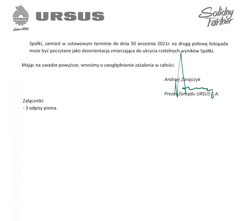 W zw. z pojawiającymi się pytaniami na temat sytuacji #URSUS  informujemy, że złożone  zażalenie nie zostało jeszcze rozpoznane. Wciąż zabiegamy o sanację, która jest możliwa i jak wynika z eksperckich opinii będzie korzystniejsza dla wszystkich. Dziękujemy za okazywane wsparcie