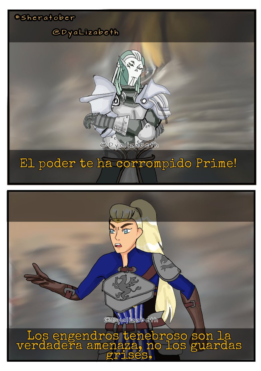 Day 21: corruption from @dontgoproject /power from shera y los memes del poder. If you give me 'corruption', my Dao fan comes out. So here is Prime as Loghain and Adora/shera as the warden during the Landsmet. #sheratober #dragonage #hordeprime #SheraandthePrincessesofPower