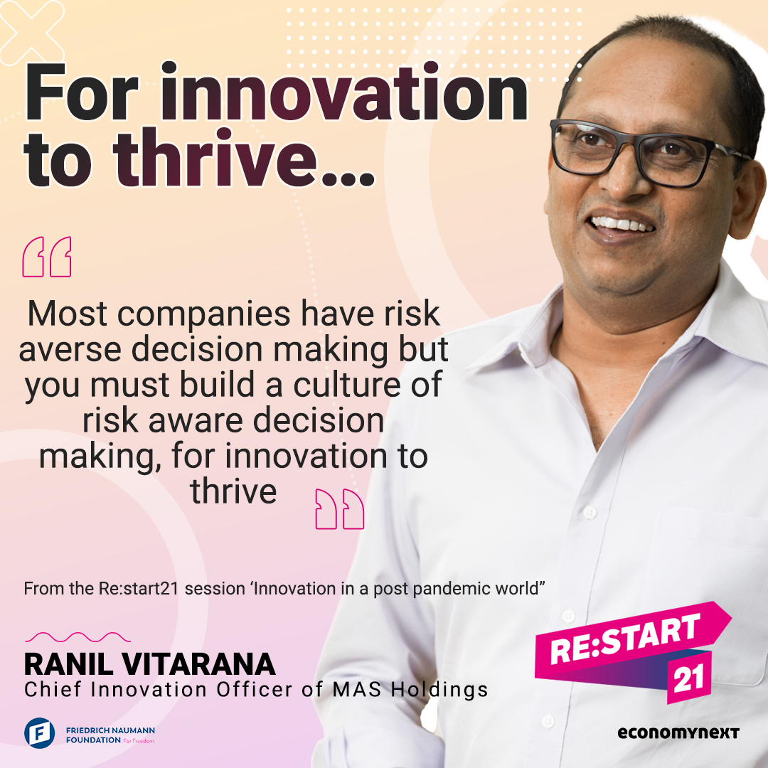 economynext's tweet photo. #Restart21 – Innovation in a post-pandemic world
MAS Holdings Chief Innovation Officer, Ranil Vitarana on building a culture of risk aware decision making for innovation to thrive
Watch here: https://t.co/cy6n5hHRNU https://t.co/PWtIpSYUIR