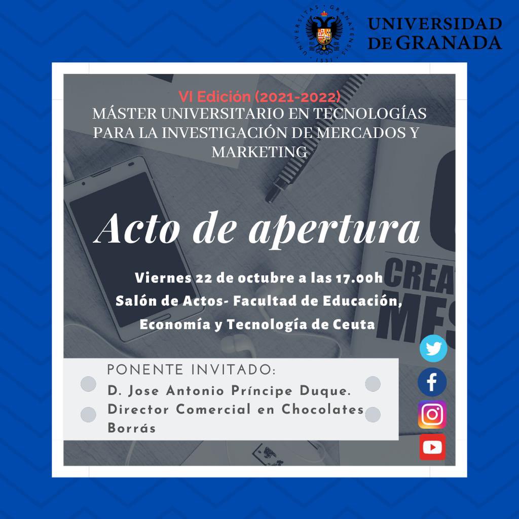 mutimmugr's tweet photo. 📢ACTO DE APERTURA CURSO 2021-2022📢
◾️Bienvenida a cargo de la Sra. Decana de la FEETCE.
◾️Presentación por el Coordinador y Secretario Académico del Máster.
◾️Experiencia de los estudiantes egresados del Máster.
◾️Ponente invitado: Director Comercial de Chocolates Borrás. https://t.co/NkwyFpJBFf