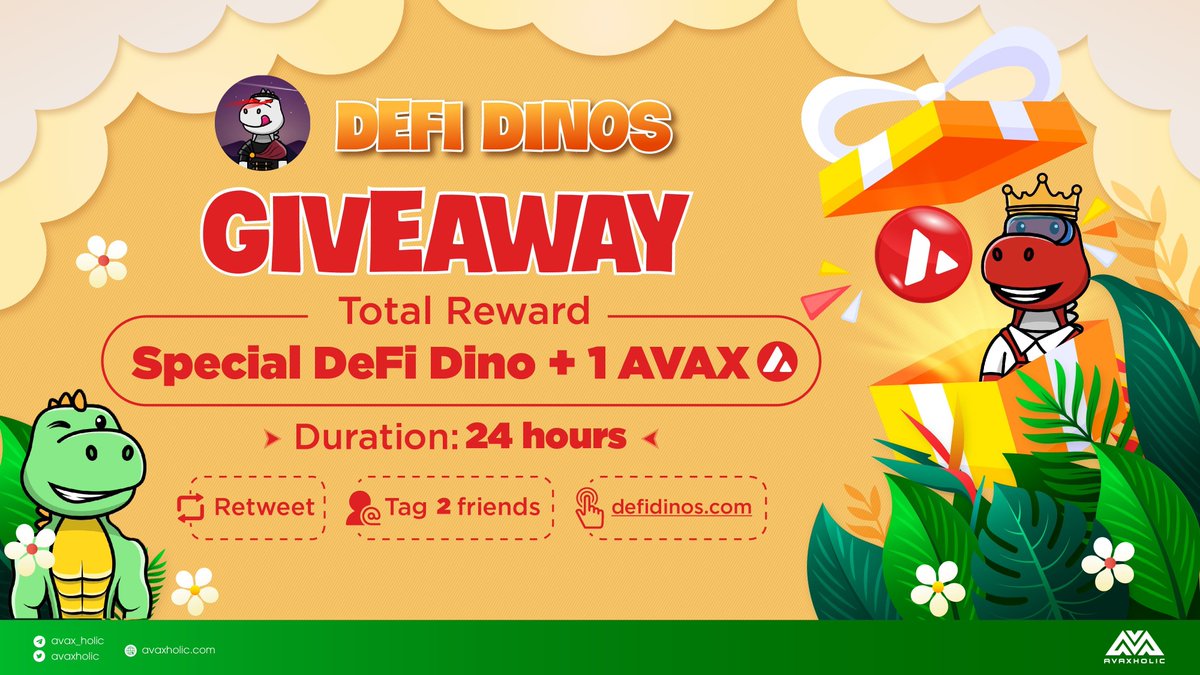Avaxholic 🔺 (@avaxholic) on Twitter photo DEFI DINOS GIVEAWAY
1 $AVAX and a Special DeFi Dino for 1 lucky winner only🤩
Join now 👇
1️⃣ Retweet this post
2️⃣ Tag 2 friends
3️⃣ Follow <a href="/defidinos/">DeFi Dinos 🔺</a>
#Avalanche #AVAX #Giveaway DEFI DINOS GIVEAWAY
1 $AVAX and a Special DeFi Dino for 1 lucky winner only🤩
Join now 👇
1️⃣ Retweet this post
2️⃣ Tag 2 friends
3️⃣ Follow <a href="/defidinos/">DeFi Dinos 🔺</a>
#Avalanche #AVAX #Giveaway