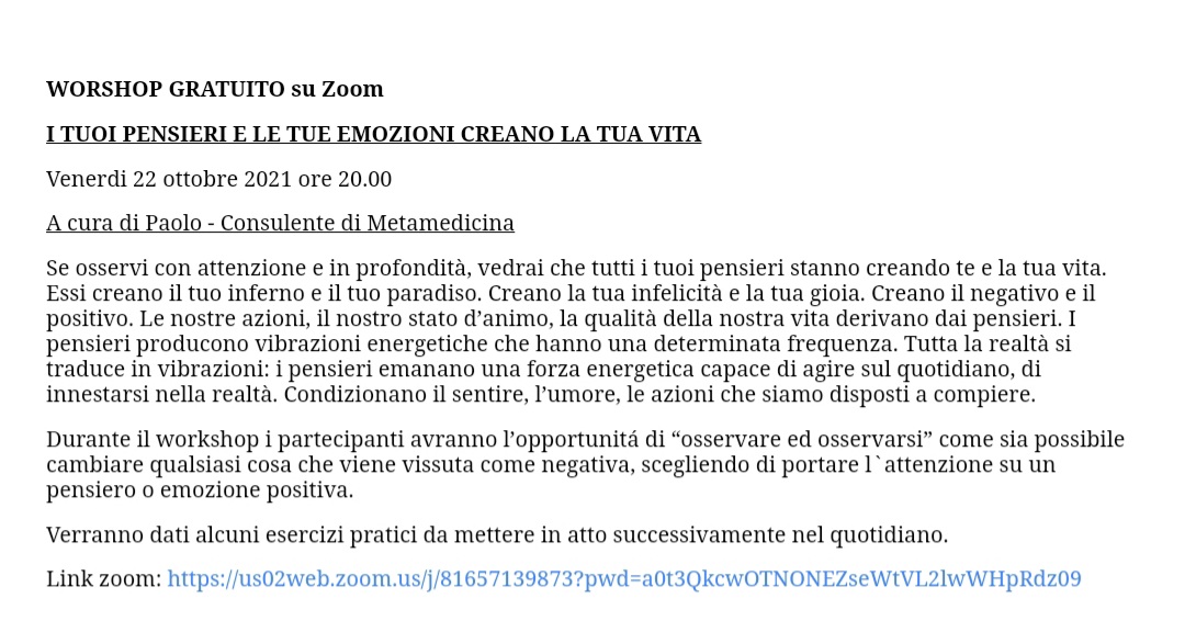 SusannaBerginc's tweet photo. Workshop gratuito stasera
I TUOI PENSIERI E LE TUE EMOZIONI CREANO LA TUA VITA
Link zoom: https://t.co/gPppj8LMjH https://t.co/3j2SuLyJcW