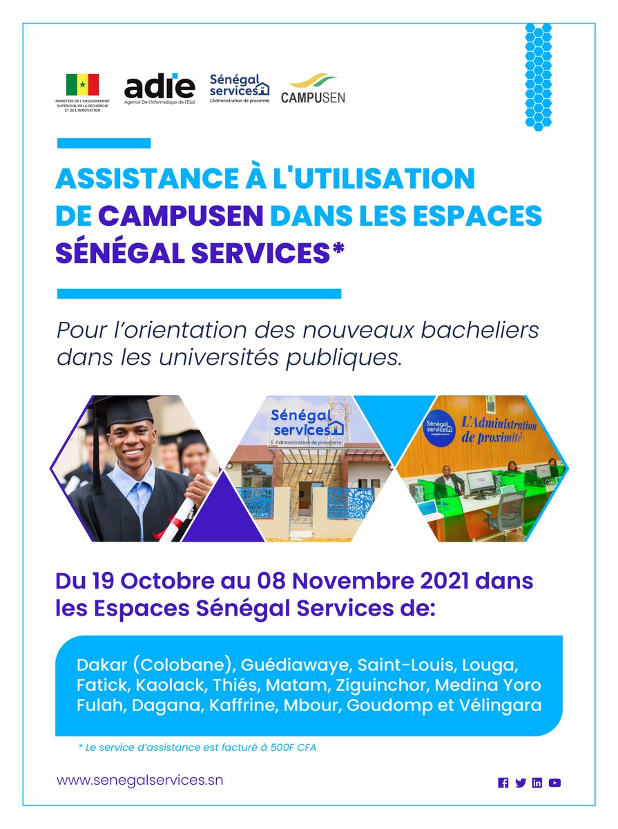 SenegalServices's tweet photo. Le service d'assistance à l'utilisation de la plateforme #CAMPUSEN se déploie dans 14 ESS. 

Jusqu'au 8 novembre 2021, des agents des ESS vont assister les nouveaux bacheliers en vue de leur orientation dans les universités publiques.

#Kebetu #Education @mesrsenegal https://t.co/i8MkV2b5ev