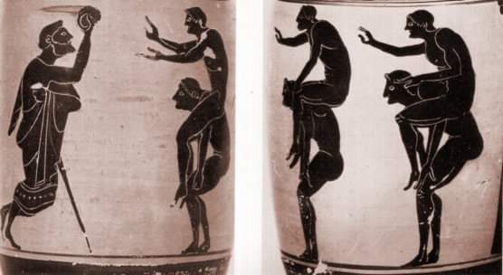 Lucius_Gellius's tweet photo. Scène d'un curieux jeu #grec antique : les jeunes  joueurs sont juchés sur les épaules de leur co-équipier et doivent rattraper le ballon lancé par leur entraineur qu'ils doivent probablement se disputer ensuite.
Les règles précise de ce jeu courant ne sont cependant pas connues. https://t.co/qVIBLKebuH