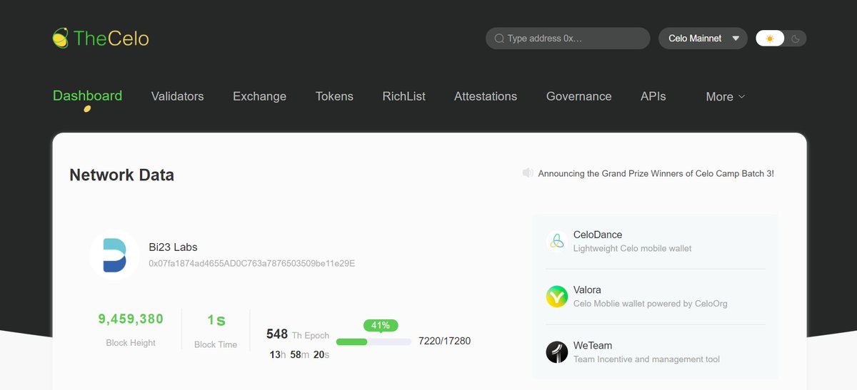 bi23com's tweet photo. We are excited to say that TheCelo 2.0 is live!🥳

With a more beautiful and specially designed interface, we reached a new milestone!

You can choose the night/day mode as you like, and view the network data through multiple types of charts.

Try it now!⏩https://t.co/tG7jRKfoQr https://t.co/maV3fUXKua