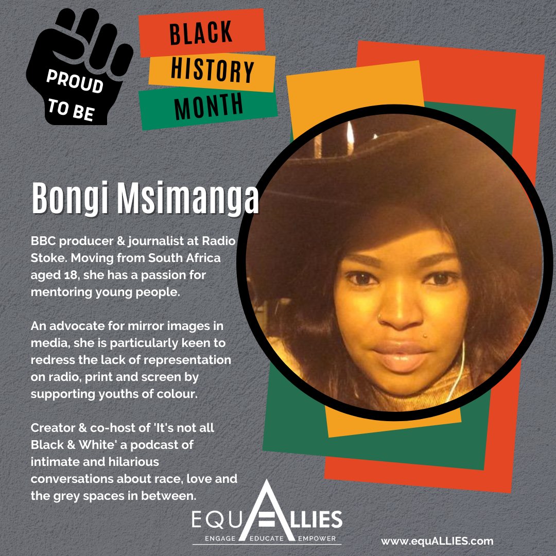 EqualAllies's tweet photo. 🔊 Black History is British History! 🔊

BONGI MSIMANGA @BongiMsimanga is a @BBCjournalist lifting others &amp; explaining that racism is not all black &amp; white! 

She’s making history.
Make racism history too!
#BlackHistoryMonth #Media #Allyship

https://t.co/CRj1S9rhUB https://t.co/s3BwmW5mGD
