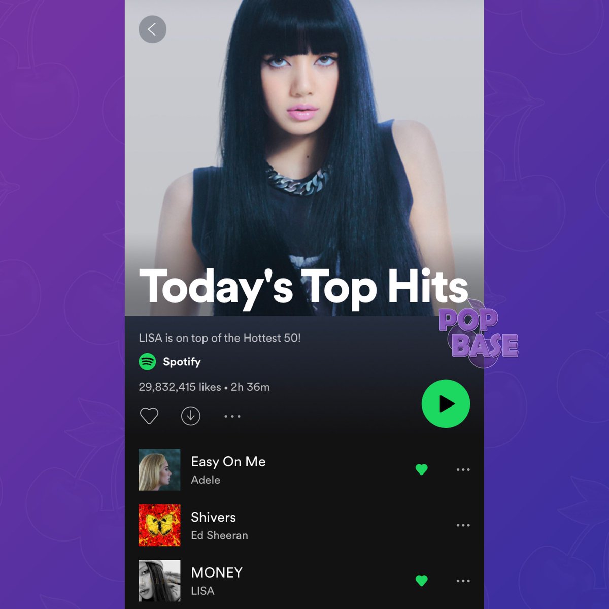 PopBase's tweet photo. BLACKPINK’s Lisa becomes the first K-pop soloist to cover Spotify’s biggest playlist, Today’s Top Hits. https://t.co/qS6u761UV7