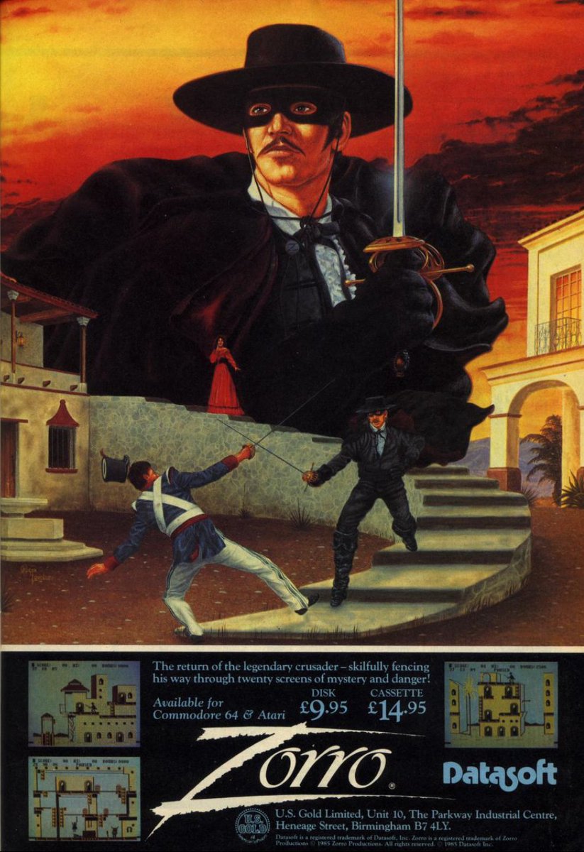 TakodanTweets's tweet image. 1985 advert for the game &apos;Zorro&apos; by #Datasoft #USGold on #Commodore #C64 and #Atari computers. It&apos;s kinda funny, that every time I think about the C64 and the games I remember, this one is always coming up. The music loop instantly pops into my head as I see this image.