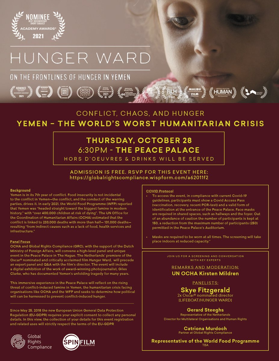 PeacePalace's tweet photo. On 28Oct, @GRC_HumanRights &amp; @UNOCHA will present the Dutch premiere of the #Oscar nominated film #HungerWard, incl. Q&amp;A with the film's director and a panel discussion at the #PeacePalace. More info: https://t.co/bjxwjQD2iu
#TheHague #Yemen #Oscar #intlaw #humanity #filmpremiere https://t.co/8j6z2nDIGi