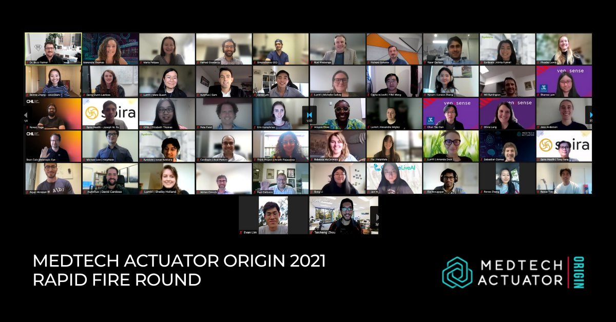medtechactuator's tweet photo. Congratulations to all the emerging entrepreneurs who joined MedTech Actuator Origin's Rapid Fire Round last night. 

60-second pitches aren't easy, but the mentors were blown away with the #MedTech, #HealthTech and #BioTech ideas in the 2021 cohort! https://t.co/fFWd1RPV2V