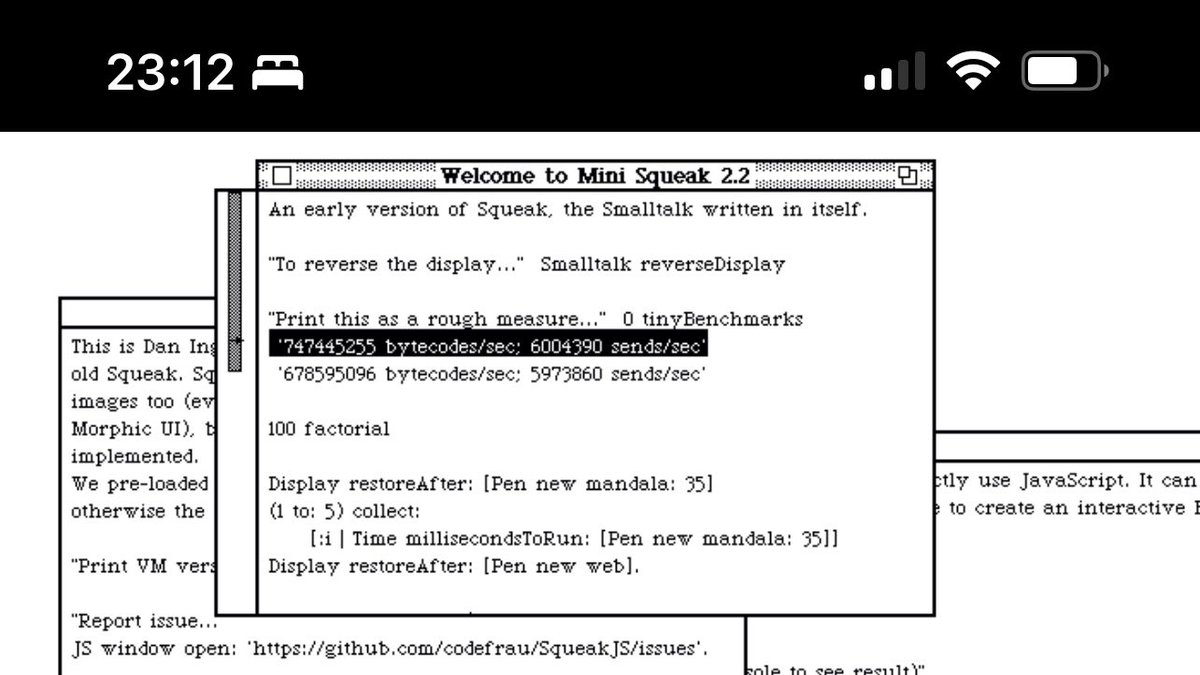 codefrau's tweet image. With the Apple CPU in my new phone, @SqueakJS runs twice as fast as on my 2019 MacBook Pro with an Intel 8-Core i9 chip 😲
Can’t wait to try it on the new MacBook Pro …