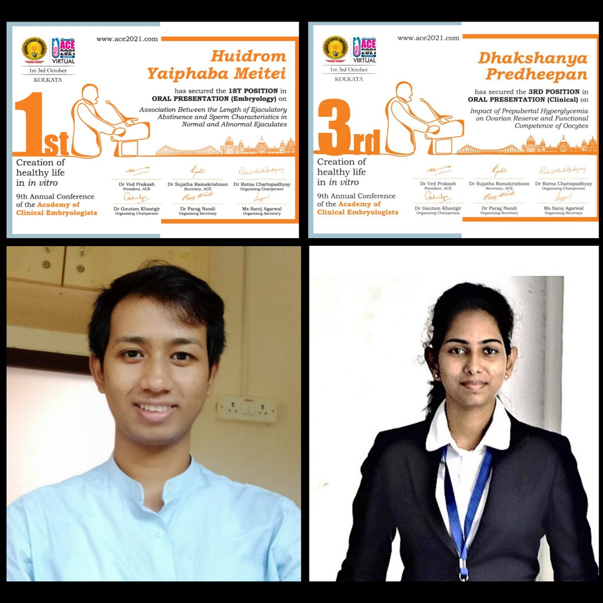 EmbryoManipal's tweet photo. Our PhD students Huidrom Yaiphaba Meitei and @dhakshupredheep bagged best oral presentation awards in 9th Annual conference of Academy of Clinical Embryologists @ACEINDIA2
Hearty congratulations!! https://t.co/IMCK5Ei5FN
