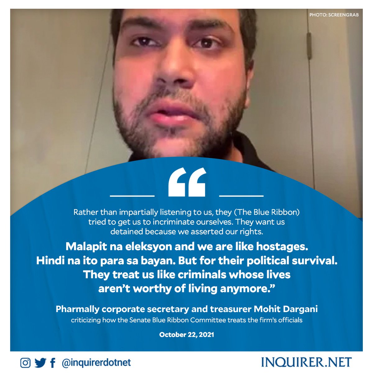 inquirerdotnet's tweet photo. ‘WE ARE LIKE HOSTAGES’

An executive of Pharmally Pharmaceutical Corp. ordered detained in the Senate has criticized the blue ribbon committee for supposedly treating the firm’s officials “like criminals whose lives aren’t worthy of living anymore.”

Read: https://t.co/eVYUOKVuhf https://t.co/hYCaOuOzM1
