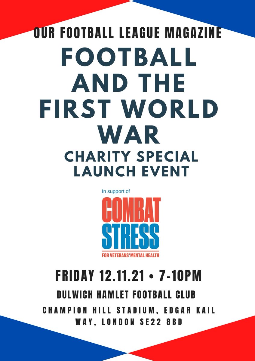 As part of the <a href="/OurFLMag/">Our Football League</a> &amp; <a href="/footballandwar/">Football and War</a> launch of the special issue  - Football &amp; the First World War at <a href="/DulwichHamletFC/">Dulwich Hamlet FC</a> on the 12th November, <a href="/robinsontonyLIR/">Tony Robinson</a> will give a talk on &amp; show the Football of Loos
All profits from the sale of this issue will go to 
<a href="/CombatStress/">Combat Stress</a>