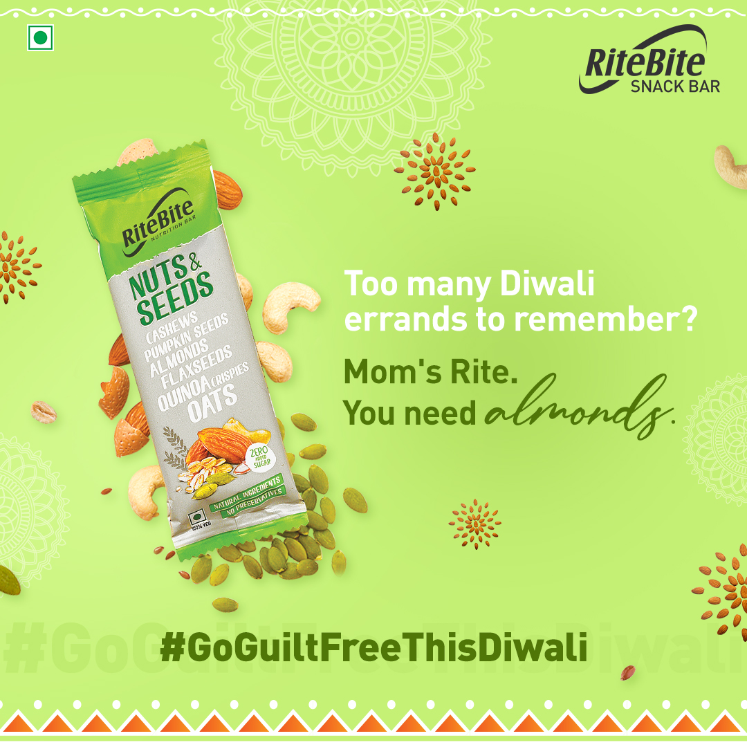 A big fat list of errands to run? Chances are you may forget some. All you need is the goodness of almonds and a pat on the back! #GoGuiltFreeThisDiwali
.
.
#RiteBite #DiwaliBlast #Almonds #SnackBar #ZeroStress #MomsRite #ZeroMess #ZeroAddedSugar  #GoGuiltFree