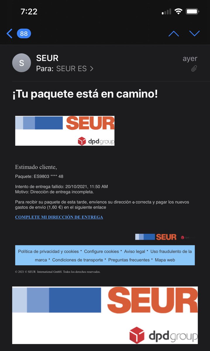 JonatanRdriguez's tweet photo. 🚨 @policia 🚨 estafa, me ha llegado un correo haciéndose pasar por @SEUR por mi profesión he hecho envíos con ellos y nunca mandan un correo así además, esa dirección es cuanto más sospechosa.
El mensaje ya ha sido borrado y bloqueado.
#estafa #noclic https://t.co/wbQsdSBbpl
