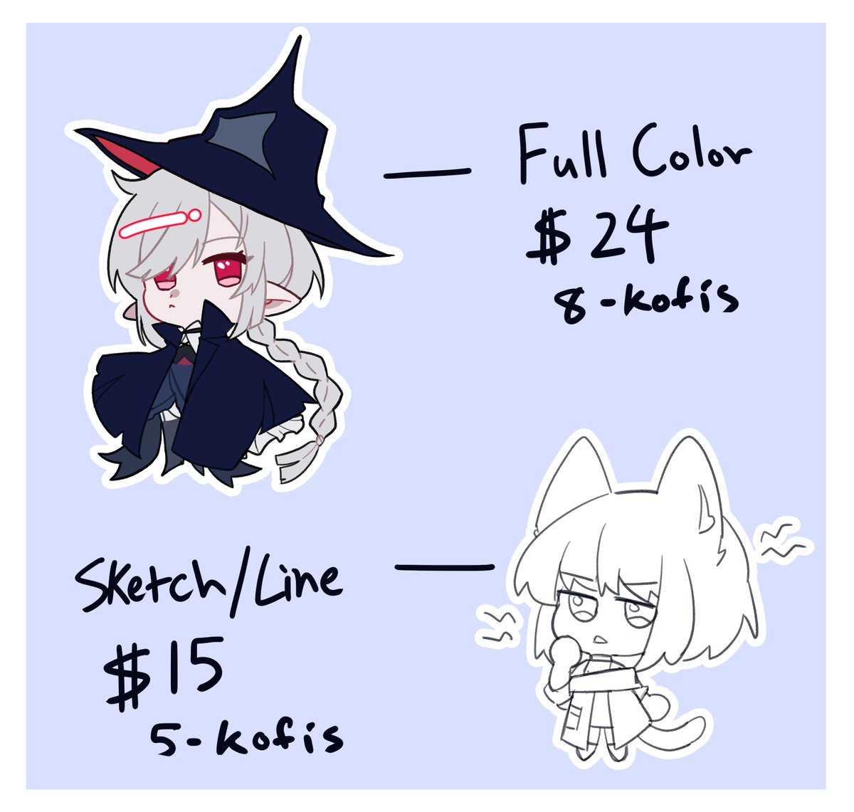 HALLO!!!!! its that time of the year again!!! I'm opening up chibi commissions again!!! Same-ish prices as last time but a new type of commission as well!!! Waow!!! 

Extra Characters +9 USD for all types!!

UNLIMITED SLOTS!!! 

Link and how to send refs down below!! vvv 