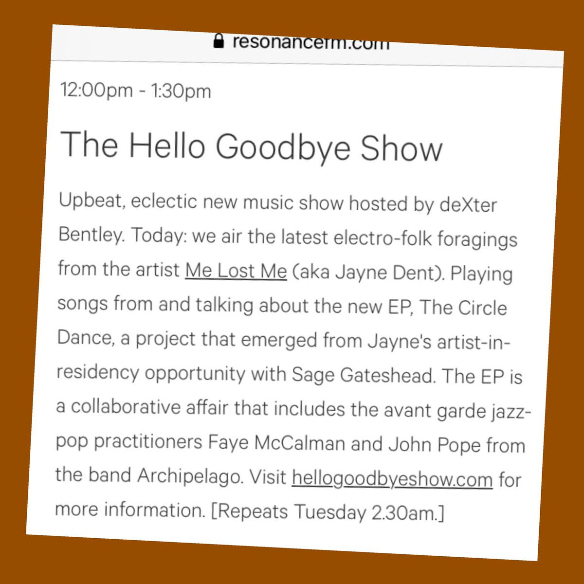 deXterBentley's tweet photo. Noon - 1.30pm Sat 23rd Oct #hellogoodbyeshow #resonancefm #dexterbentley Sp ft: Me Lost Me #melostme Archive: Archipelago #archipelago Playlist: Rozi Plain, Wendy Rae Fowler, Maggie The Cat, Buffet Lunch, Melinda Bronstein, Fuzzy Lights, Disquiet Black Country #fm #radio #london https://t.co/1Lj2whsZlI