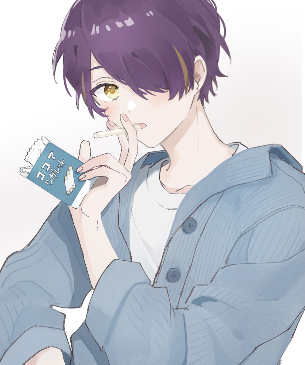 1boy hair over one eye purple hair male focus yellow eyes solo short hair  illustration images