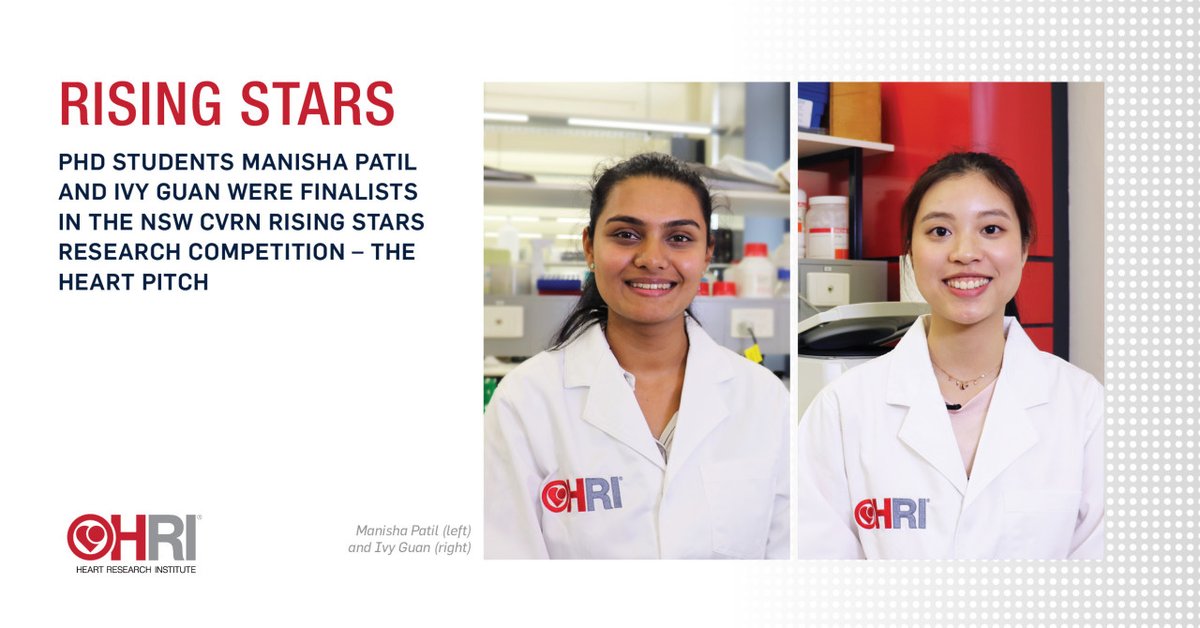 HRIAust's tweet image. Congratulations to PhD students Manisha Patil and Ivy Guan, finalists in the NSW CVRN Rising Stars Research competition – the HEART Pitch, for their work in the fight against cardiovascular disease. Find out more: bit.ly/3C3Rk2A #cardiovasculardisease #medicalresearch