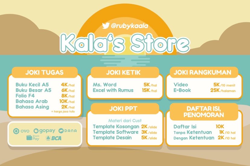 rubykaala's tweet image. ⠀
⠀
⠀⠀⠀⠀⠀ᤷ ៶ ៸ ᤳ⠀⠀⠀⠀╭──── ♡ ♡
⠀⠀⠀⠀⠀🦄⠀⠀⠀⠀𝗵𝗲𝗹𝗹𝗼 !
⠀
⠀⠀ ★. . .⠀memberikan⠀ kepuasan
⠀⠀ dalam pelayanan terbaik untuk
⠀⠀ kalian sebagai joki  tugas !⠀ 📝
⠀⠀⠀⠀⠀⠀⠀⠀⠀ ₍ᐢ  ›   ̫ ‹ ᐢ₎
⠀
⠀⠀⠀⠀⠀ ʚ   selamat datang   ɞ
⠀