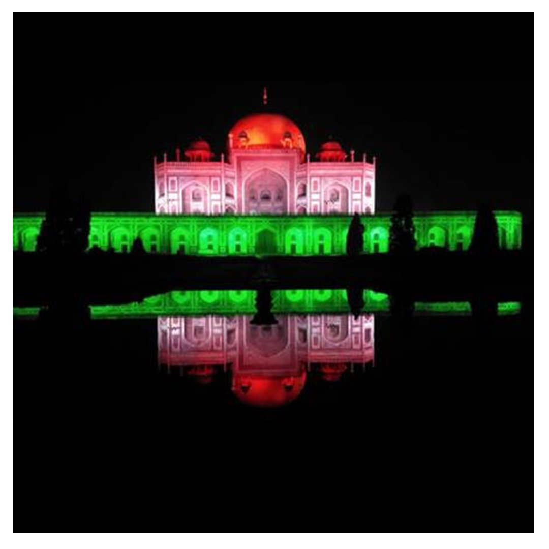 incredibleindia's tweet photo. #Repost @mygovindia
...
A historic day calls for a historic celebration!
100 monuments lit up in tricolour to mark 100 crore vaccine doses. You absolutely cannot miss these mesmerising pictures! 
#VaccineCentury #DekhoApnaDesh https://t.co/kQEdyfktc4