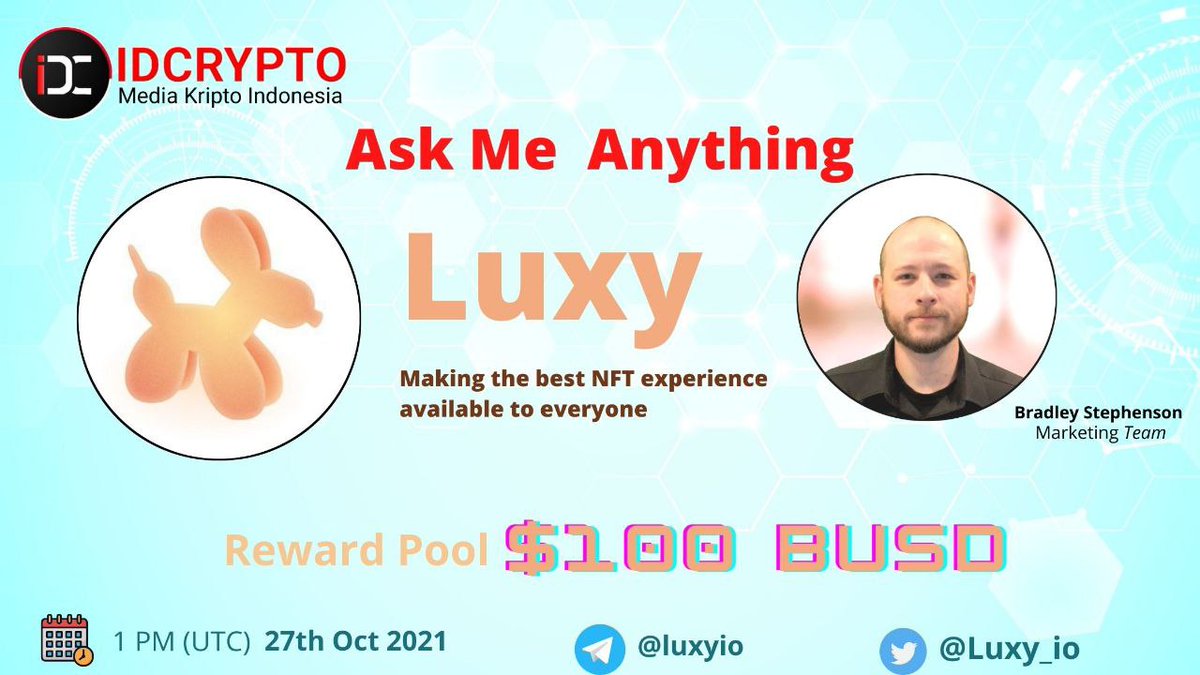 We are pleased to announce our next AMA with <a href="/Luxy_io/">Luxy.io</a> on Wednesday Oct, 27th 2021 at 1 PM UTC | 20:00 GMT+7

Speaker : Bradley Stephenson (Luxy Marketing Team)
Venue: t.me/idcrypto_offic…
Rewards: $100 BUSD

Join AMA and submit your questions here;
idcryp.to/ama-id-crypto-…