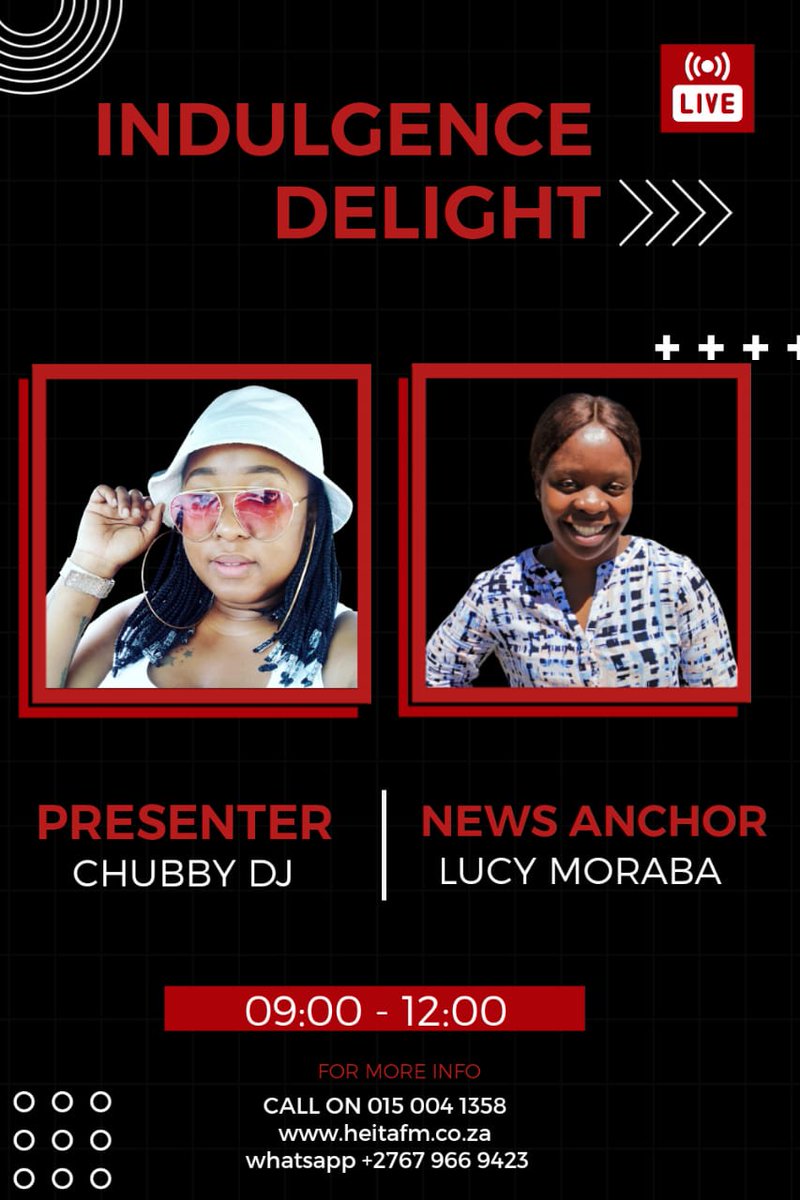 heitafm's tweet photo. IT IS HUSTLERS FRIDAY ON THE INDULGENCE DELIGHT WITH THE CHUBBY DJ AND LUCY MORABA THE NEWS ANCHOR JOIN THE CONVERSATION NOW.
#Heitafm
#TheIndulgenceDelight
#HustlersFriday
#ChubbyDJAndLucyMoraba
#EveryWeekDays https://t.co/SA4SN0JRwK