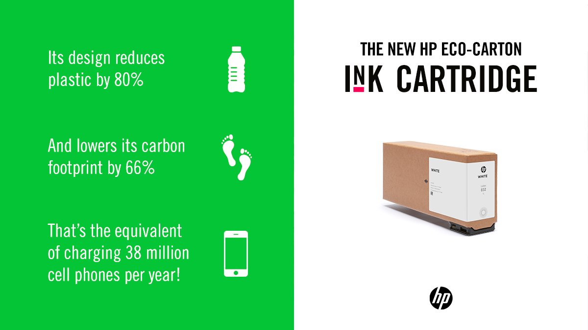 HPGraphicArts's tweet photo. The new HP Eco-Carton ink cartridge says goodbye to plastic-based ink cartridges and hello to #sustainability. Its design reduces plastic by 80%, lowering its carbon footprint by 66%. Learn more: https://t.co/E8gWvjfIPH https://t.co/hjrNrOAHBW