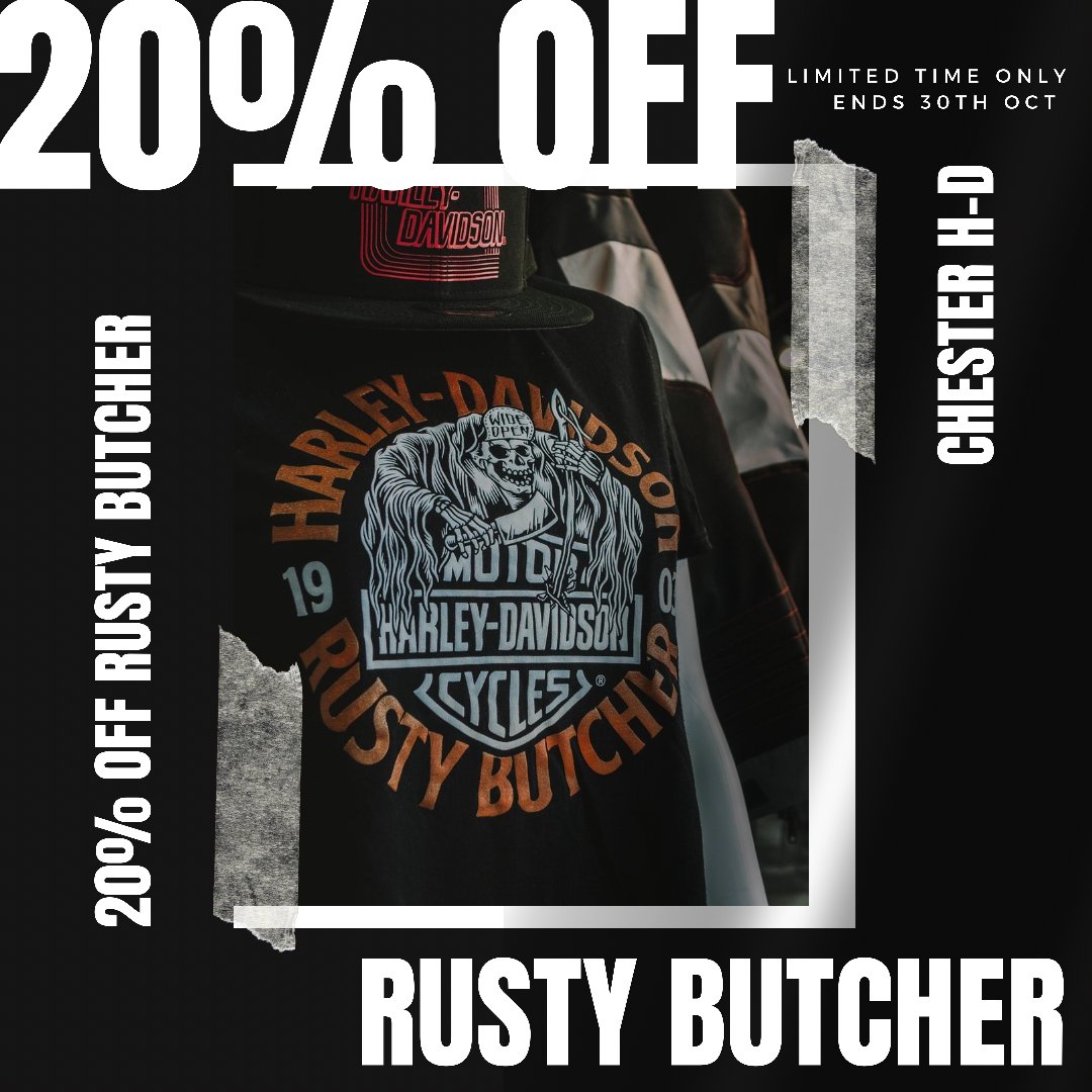 ChesterHD's tweet photo. HALLOWEEN OFFER! 👻🔥
20% OFF all Rusty Butcher X Harley-Davidson merchandise in store until 30th October 🙌🏼💀
Plus 10% OFF all Sale items 😱! https://t.co/NF6zc1266i