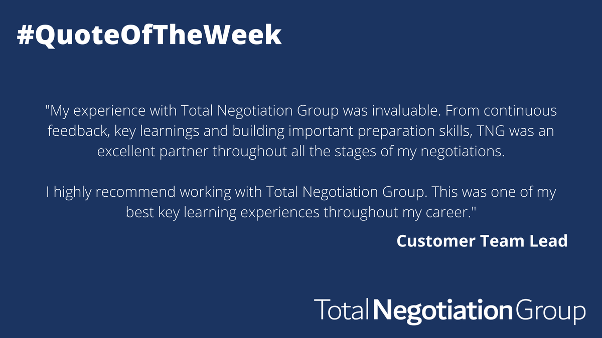 Tot_Negotiation's tweet photo. We love hearing from our clients! This week's quote follows our Essential Negotiation programme. If you’re interested to find out how we can support you, please email us at info@totalnegotiation.com!
#TotalNegotiation #NegotiationSupport #Training #SupplierPartner #QuoteOfTheWeek https://t.co/uiEujcHf1K