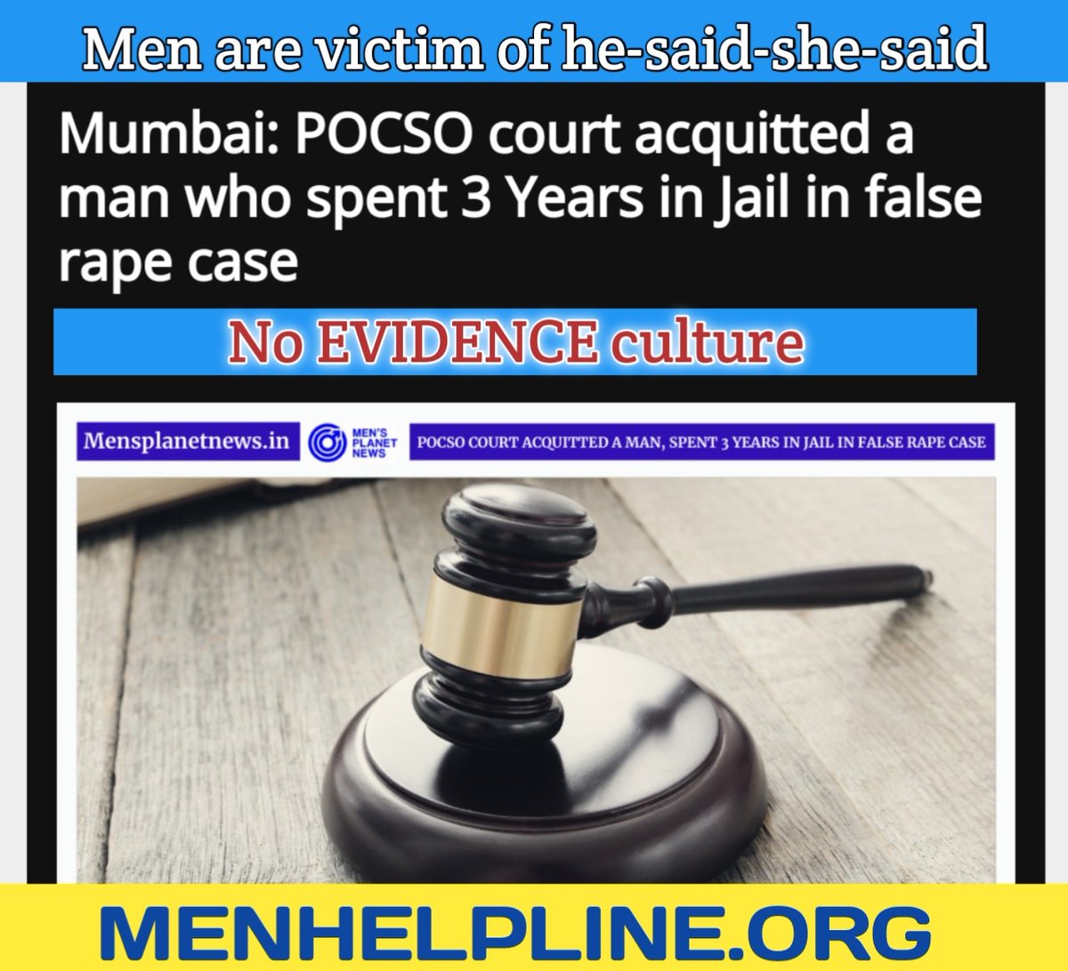 menhelpline's tweet photo. Let's stand against this #NoEvidenceCulture
#malevictimisation starts from he-said-she-said with no evidences and Men are sent to jail only on saying..
#SpeakUp4Men #Standup4Men #MenTooIndia #Justice4all #IRespectMen https://t.co/9WCsuqZE36