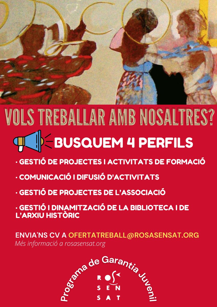 RosaSensat's tweet photo. 👉Busquem 4 perfils!
📢Forma part del nostre equip! Gràcies al programa #GarantiaJuvenil, oferim places per a joves menors de 30 anys: #formació, #comunicació, #projectes i #biblioteca. 
🔗Tota la informació a la nostra pàgina web: https://t.co/yjTC4TOQS3 https://t.co/xOYYVvT0Dh
