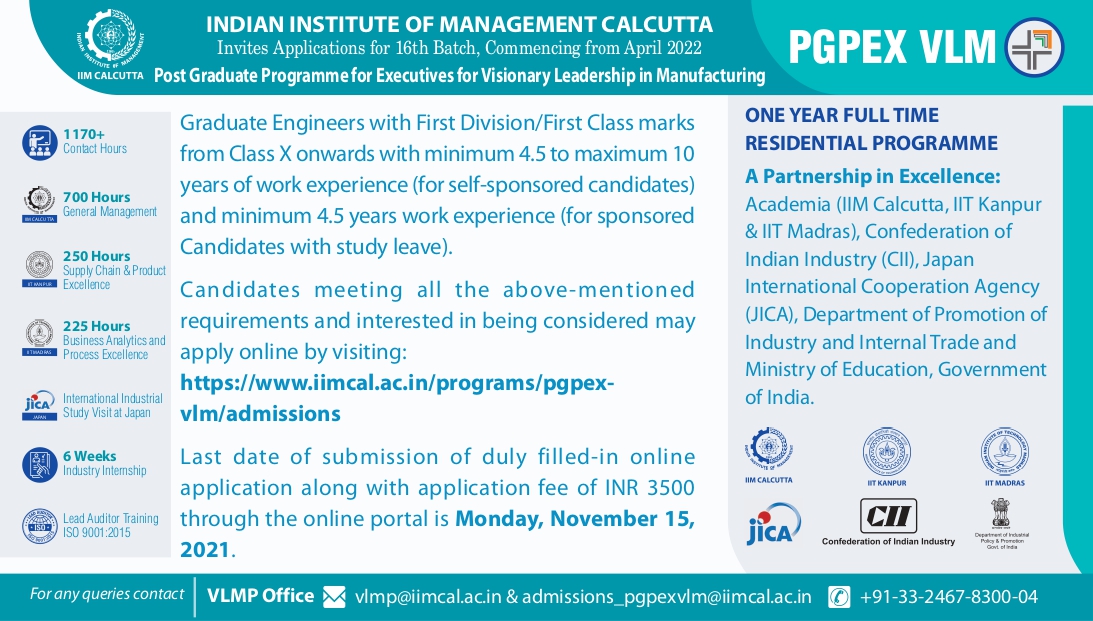IIM_Calcutta's tweet photo. Applications for Admission for PGPEX-VLM Batch 16 (2022-23) are open now!
Click here to know more about the programme- https://t.co/3EnGqHDIr3
#pgpexvlm #iimcal #iitkanpur #iitmadras https://t.co/WCT72tkqhf