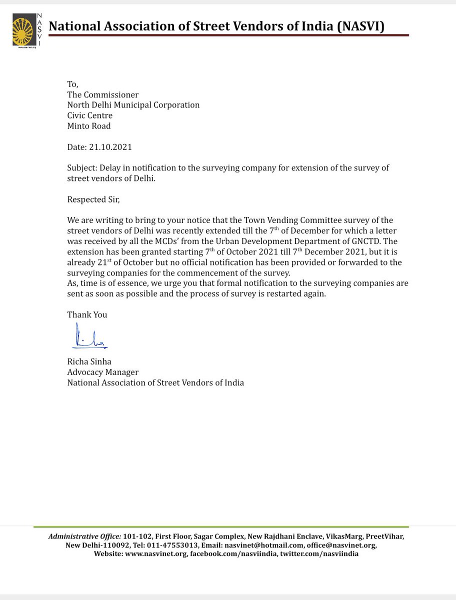 NasviIndia's tweet photo. Nasvi writes to @SDMC_Official @EDMCDELHI @tweetndmc, this letter was also sent to @LtGovDelhi and #PSUD to expedite the process of notifying the surveying company for the street vendor survey to begin as soon as possible.
@SatyendarJain @CMODelhi @HMOIndia https://t.co/ryPWK3QOLR