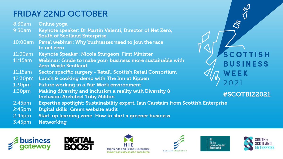 It’s day 5 of #SCOTBIZ2021 & we have a packed schedule with a focus on sustainability, diversity & inclusion. ⬇️ Still time to grab your free space on any of the webinars. Book here: ow.ly/pvfz50GvpOA