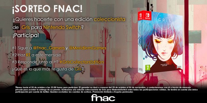 ¿Quieres hacerte con una edición coleccionista de #Gris para #NintendoSwitch?😏
¡Participa!

✅Sigue a <a href="/Fnac_Gamers/">Fnac Gamers</a> y <a href="/MeridiemGames/">Meridiem</a>
✅RT al tweet
✅Responde junto al HT #GrisCollectorsEdition ¿Qué es lo que más te gusta de Gris?

¿No puedes esperar?👇👇
fnac.es/SearchResult/R…
