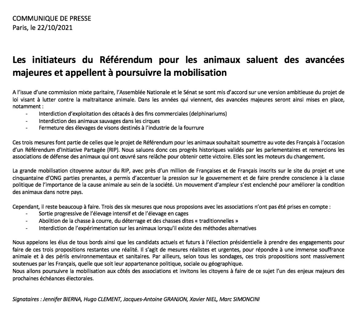 🔴 COMMUNIQUÉ 🔴

Les initiateurs du Référendum pour les animaux saluent des avancées majeures et appellent à poursuivre la mobilisation
