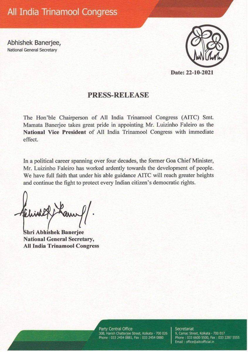 All India Trinamool Congress <a href="/AITCofficial/">All India Trinamool Congress</a> Chairperson <a href="/MamataOfficial/">Mamata Banerjee</a> takes great pride in appointing Mr. <a href="/luizinhofaleiro/">Luizinho Faleiro</a> as the National Vice President of All India Trinamool Congress.
Congratulations sir. 🙏
