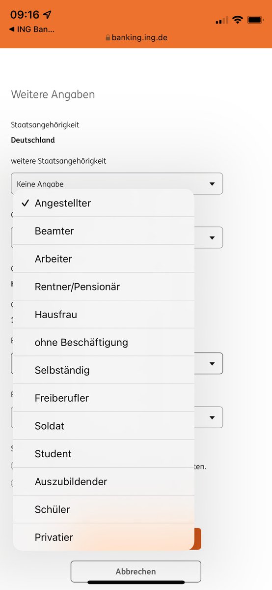 flinkerhand's tweet photo. Dropdown-Menü aus dem vorigen Jahrtausend, liebe @ING_Deutschland ? Die einzige weibliche Berufsbezeichnung ist „Hausfrau“?
#genderfail https://t.co/xbnLUhz2e4