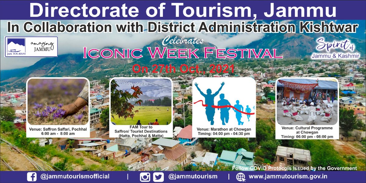 Celebration of Iconic Week Festival on 27th October 2021in Kishtwar

Let's celebrate the rich heritage

<a href="/diprjk/">Information & PR, J&K</a>
<a href="/JammuTourism/">Jammu Tourism</a>
<a href="/DcKishtwar/">Deputy Commissioner Kishtwar</a>
<a href="/infjammu/">Information & PR Jammu</a>