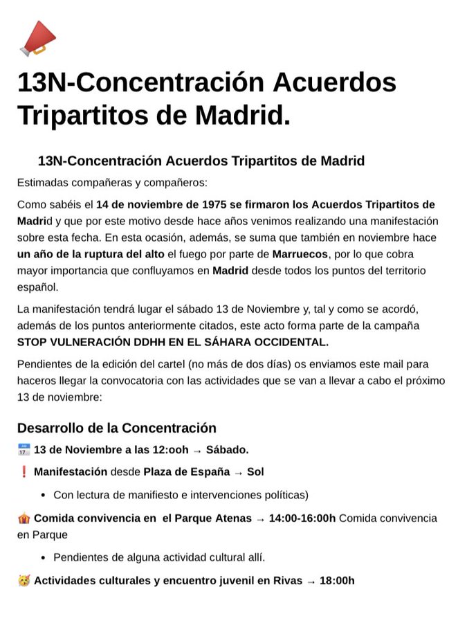 acapscatalunya's tweet photo. 🚩13N-Concentració🇪🇭 "Acords Il·legals Tripartits de Madrid"

🗓️13 de novembre a las 12:00h (dissabte).
📍Manifestació des de Plaza de España a Sol (Madrid).
🎪Menjar convivència al Parque Atenas.
🥳Activitats culturals.

‼️ Aviat més informació per anar des de Catalunya! https://t.co/yBwlyJbiBs