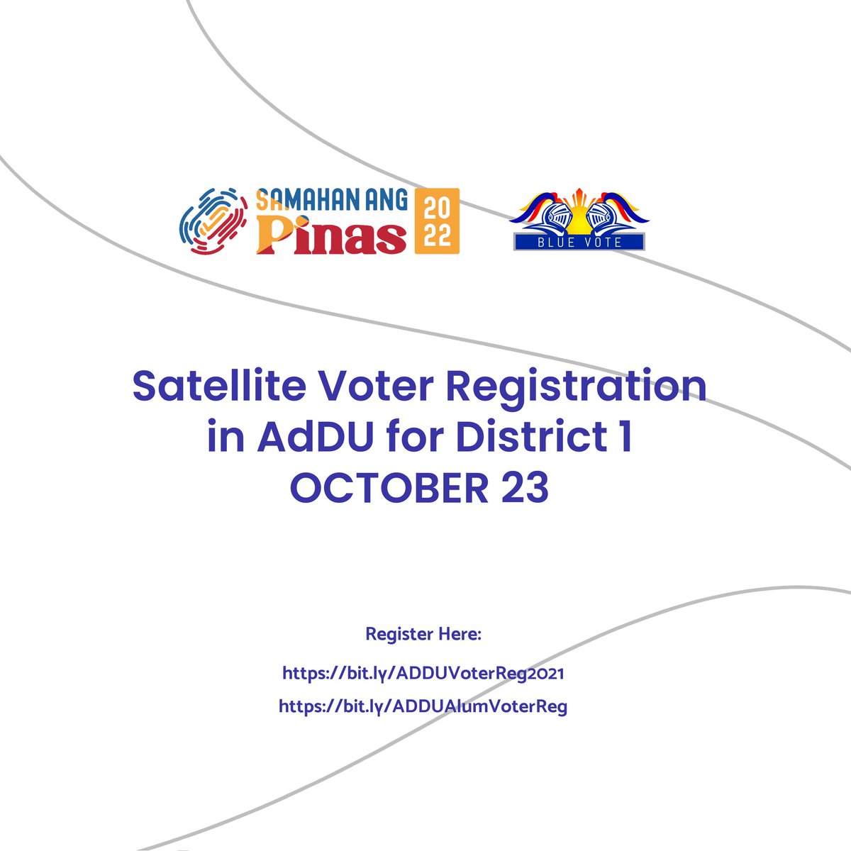 addusamahan's tweet photo. The Ateneo de Davao University and COMELEC District 1 will conduct a Satellite Voter registration on campus this Oct. 23, 2021. Please read the reminders below. 

Pre-register now! 

📝For Students and employees: https://t.co/Wd8tPAJf44
📝 For AdDU Alumni: https://t.co/WWmv390f9v https://t.co/Vr5Mk6h80D