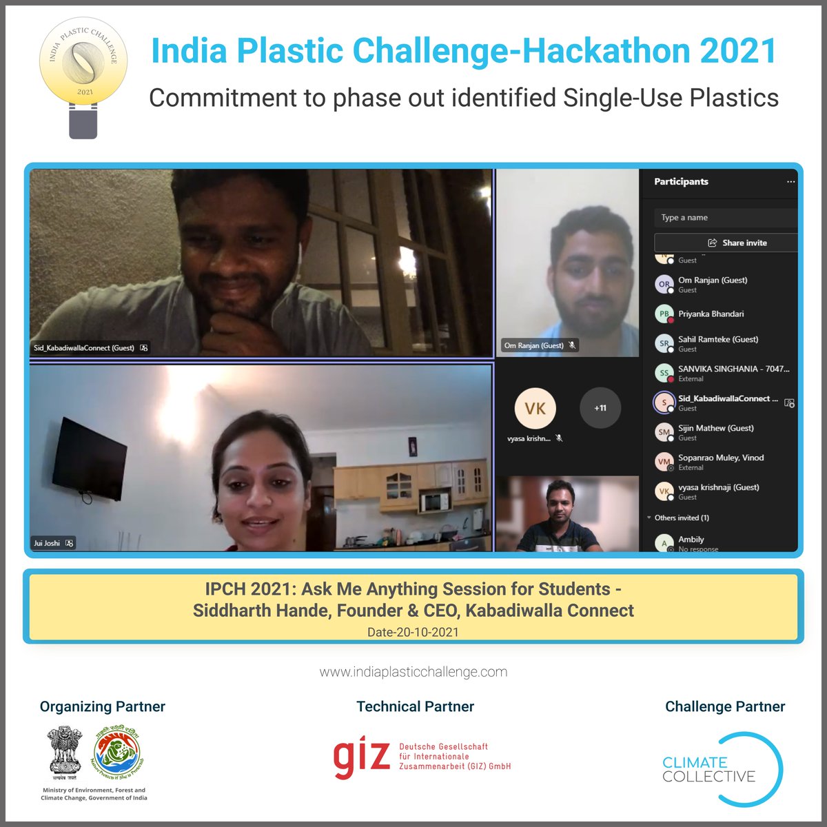 india_plastic's tweet photo. Day three of the India Plastic Challenge - Hackathon started with an informative session on Plastics and Data by Ms Divya Sinha, Scientist E, CPCB and Ask Me Anything session by Siddharth Hande, Founder &amp; CEO, Kabadiwalla Connect.
@moefcc @CCollectiveNet @NITIAayog https://t.co/bPd0iettJ9